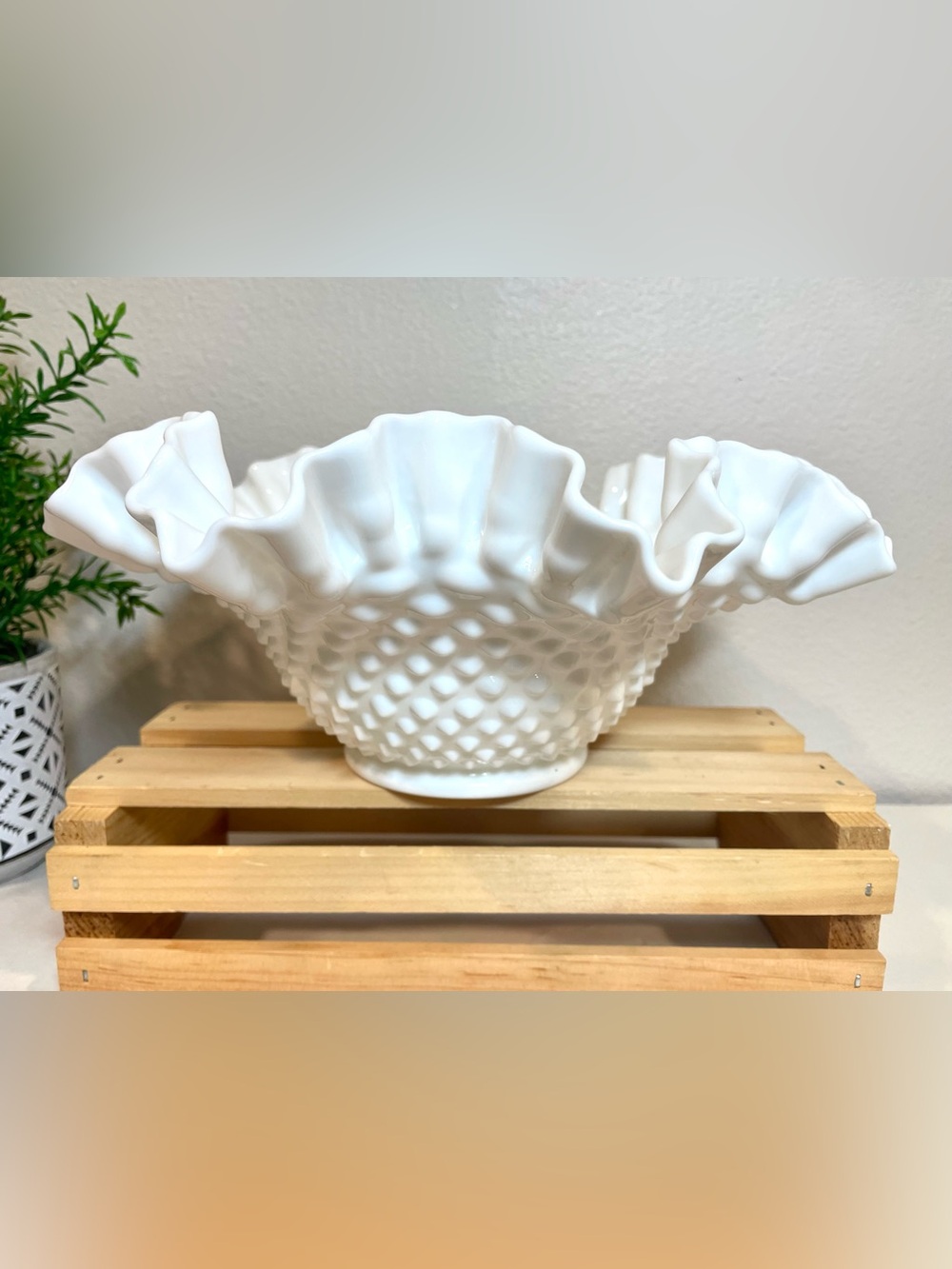 Vintage Fenton Hobnail Pattern Milk Glass Bowl Vase Glass Art | Ruffled &Crimped